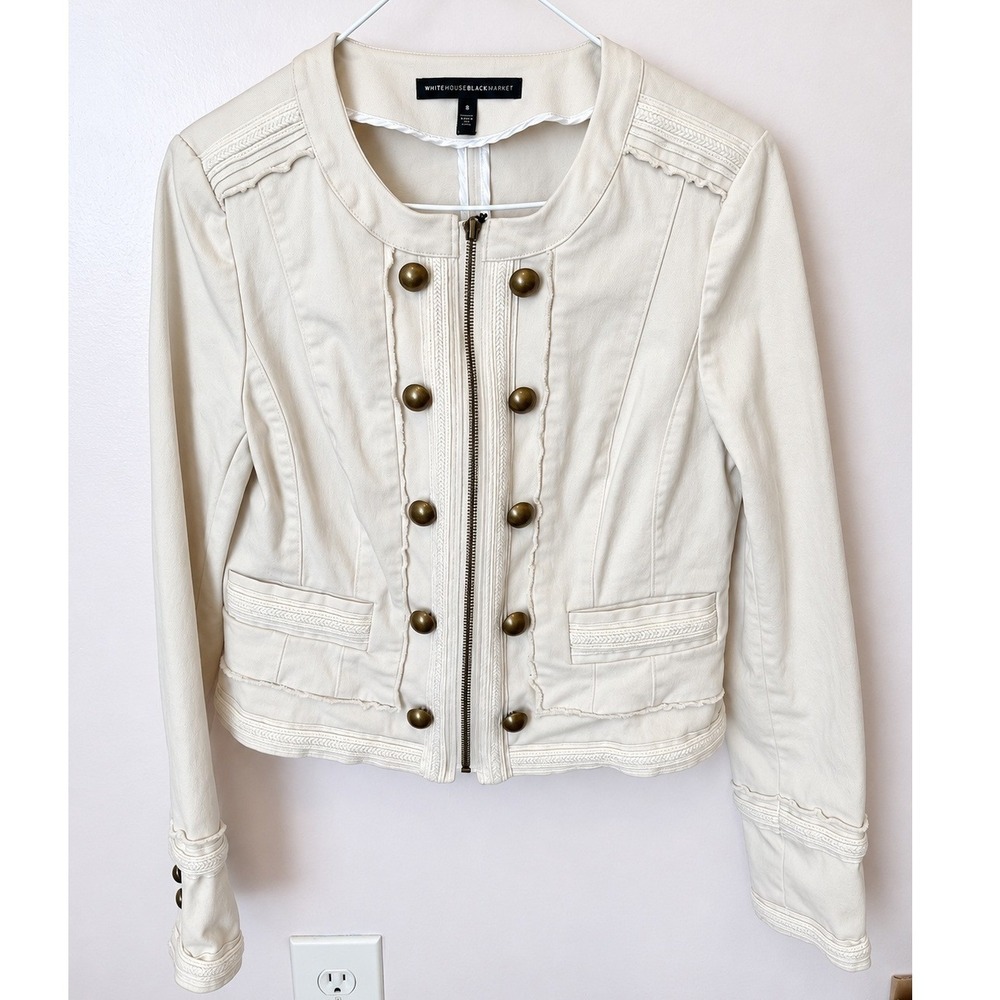 White House Black Market Military Jacket 8 Ivory Braided Trim Brass Button Moto